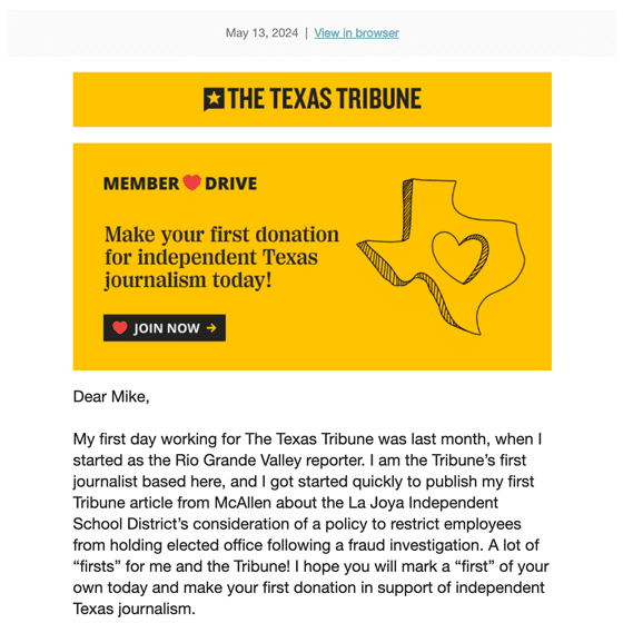 Texas Tribune Member Drive Email May 2024