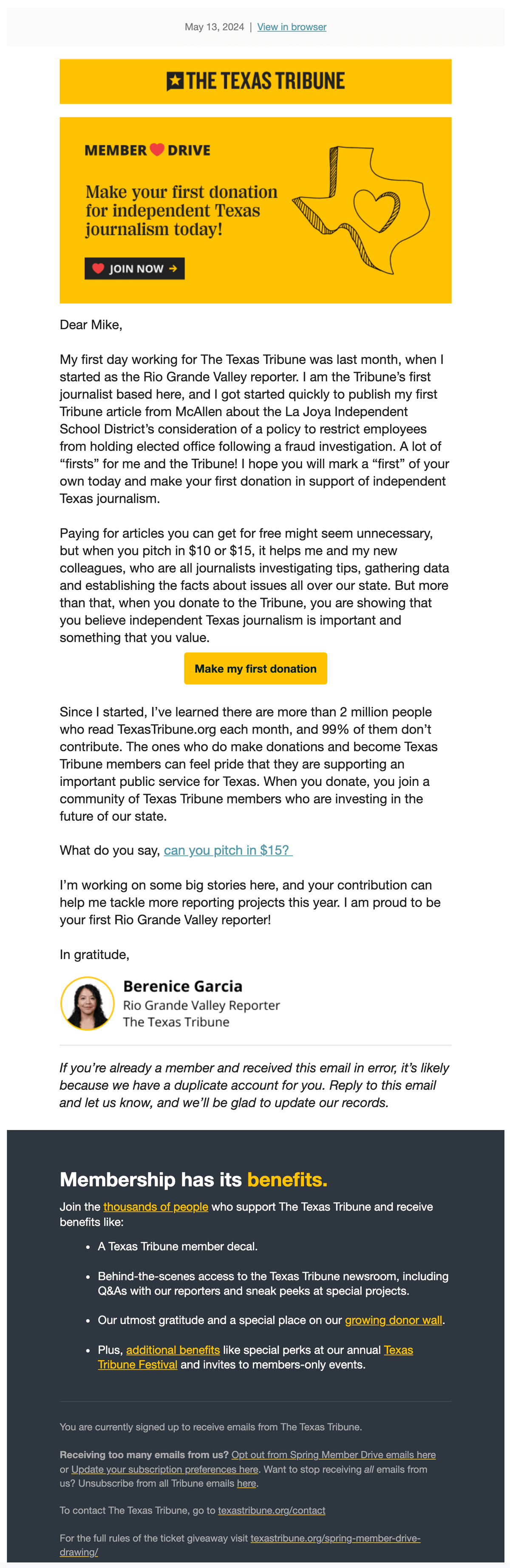 Texas Tribune Member Drive Email May 2024