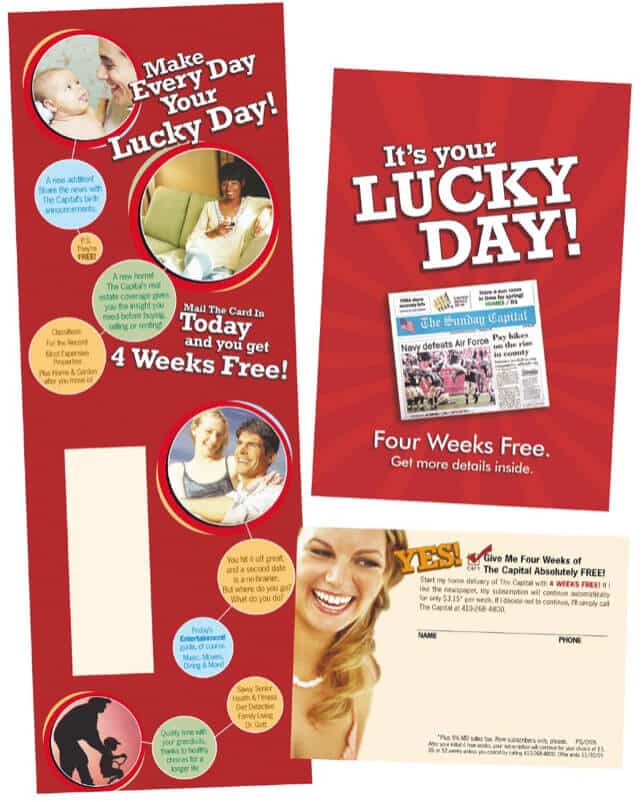 A bright red direct mail postcard with "It's your lucky day" on the front, along with a 4 weeks free offer and a photo of a newspaper.