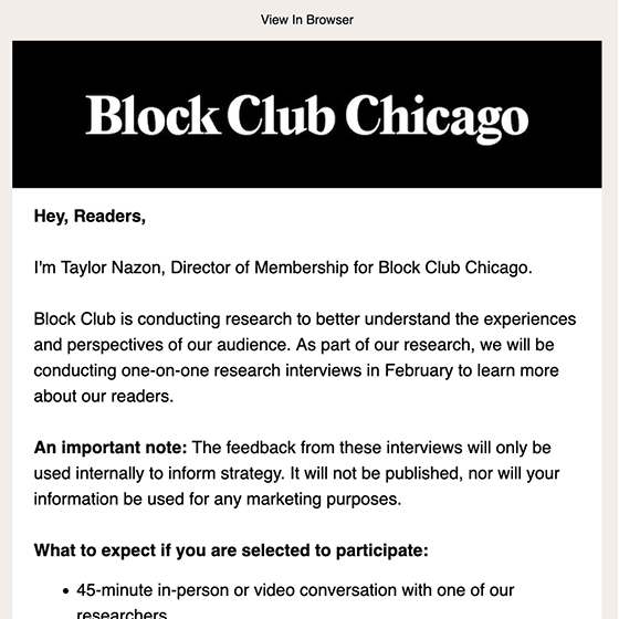 Block Club Chicago Audience Research Email January 2025